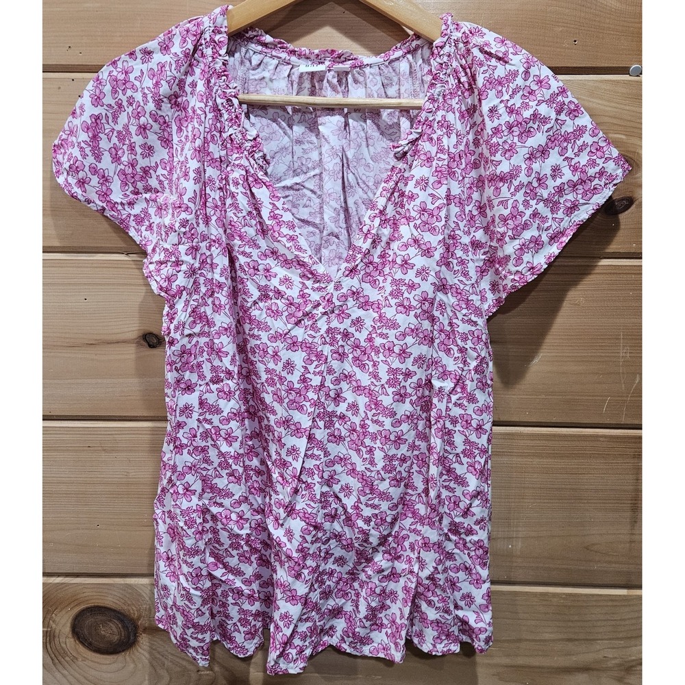 GAP Womens Large Pink Floral Peasant Blouse Short Sleeve Lightweight Cottagecore